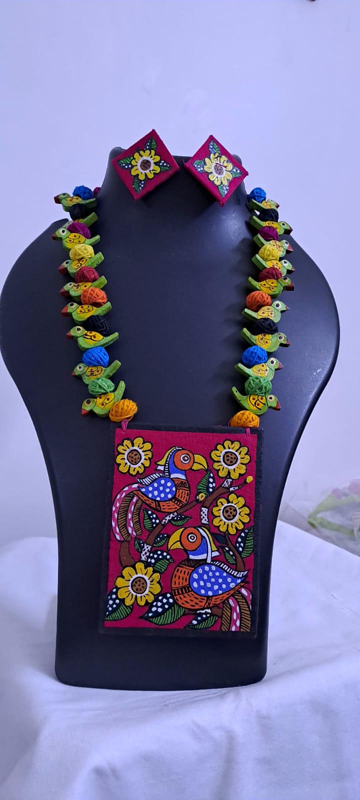 Handpainted fabric necklace set with earrings