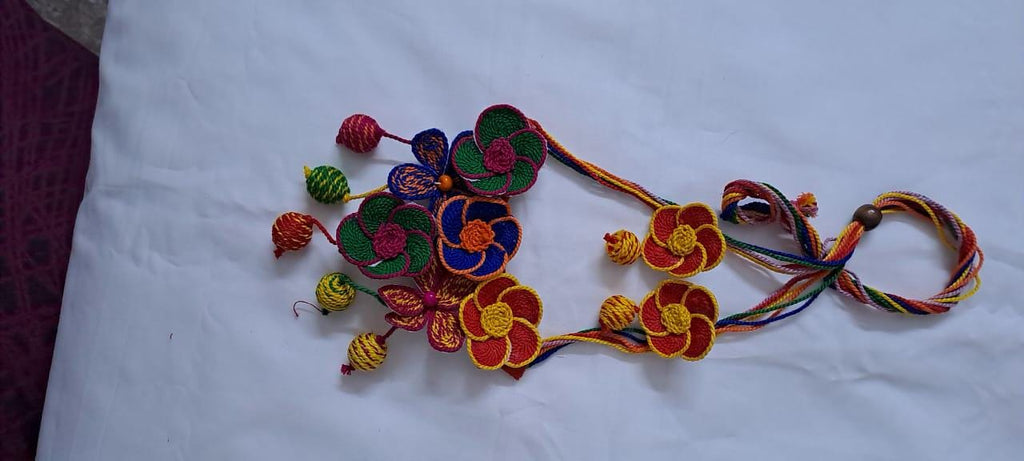 Multi colour flower thread necklace with thread bead fringes and matching earrings