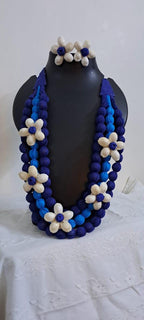 Exclusive multi-layered blue fabric necklace with shells n matching earrings