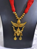 Red thread necklace with golden oxidised Durga pendant n matching earrings
