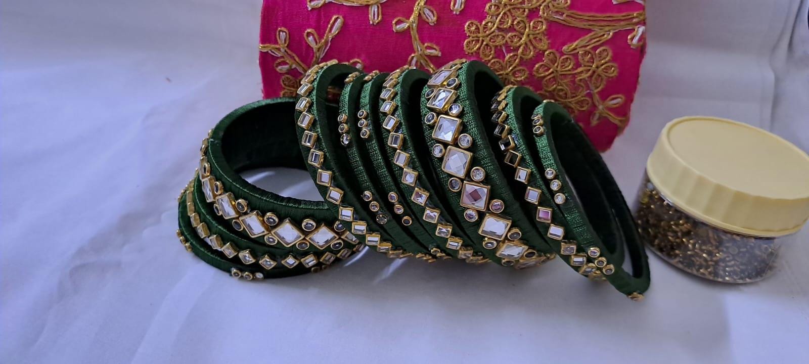 Green colour traditional thread kundan bangles with zari bangle box