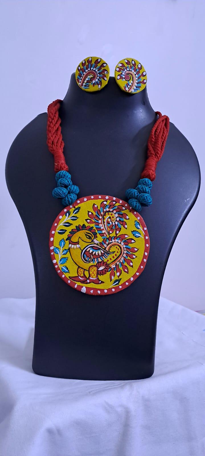 Handpainted fabric necklace set with earrings