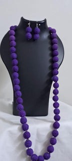 Exclusive purple colour thread beads long necklace set with matching earrings