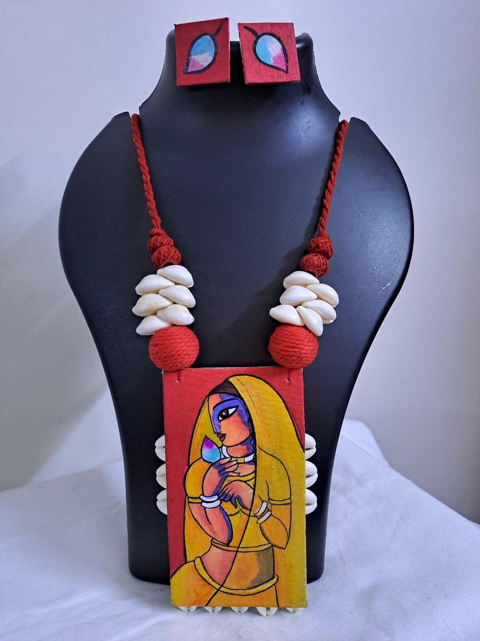 Handpainted fabric jewellery set with matching earrings