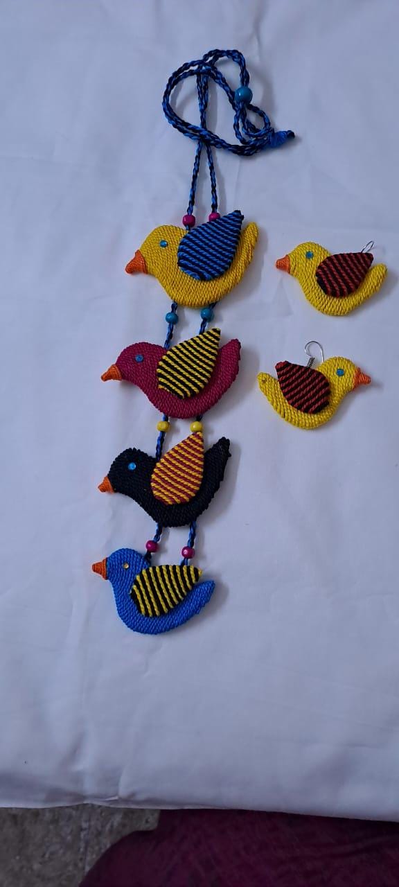 Multi coloured bird necklace and matching earrings