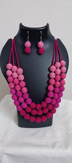 Exclusive 3 layered pink thread beads necklace set with matching earrings