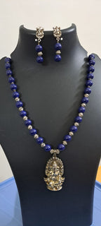 Blue glass beads necklace with oxidised silver ganesha pendant