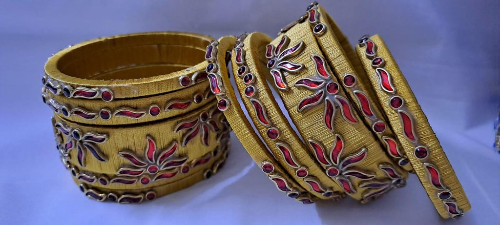 Golden colour traditional thread kundan bangles with zari bangle box