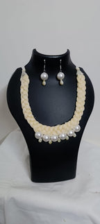 Offwhite braided thread necklace with pearl n pearl danglers
