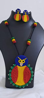 Handmade thread jewellery necklace set with owl pendant and matching earrings