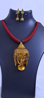 Maroon thread necklace with oxidised golden buddha pendant