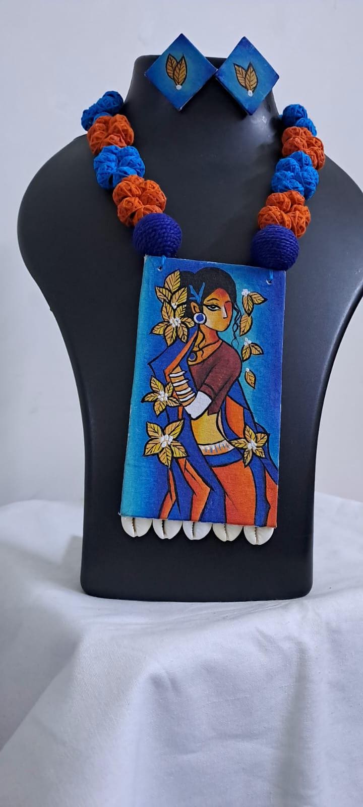 Handpainted fabric necklace set with earrings