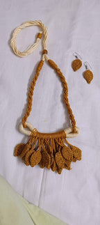 Golden brown Crochet thread necklace set with leaf fringes and matching earrings