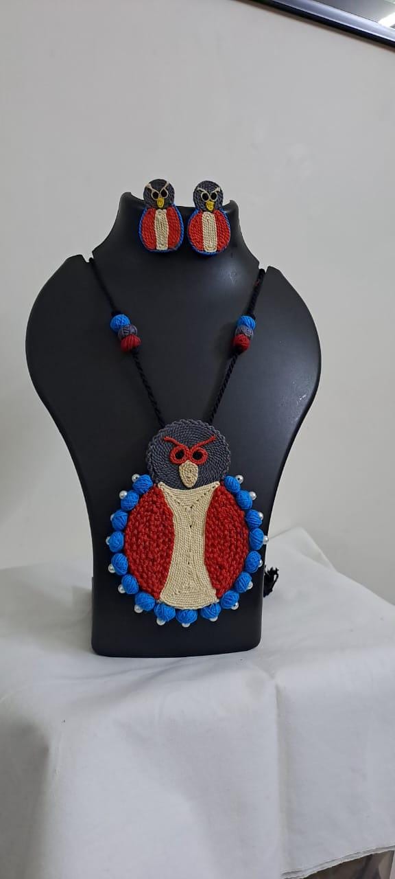 Handmade thread jewellery necklace set with owl pendant and matching earrings