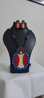 Handmade thread jewellery necklace set with owl pendant and matching earrings