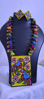 Handpainted fabric necklace set with earrings