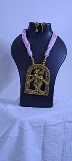 Radha Krishna golden oxidised pendant necklace in pink tread with matching earrings