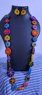 Exclusive multicoloured flat thread beads long necklace set with matching earrings (yellow)
