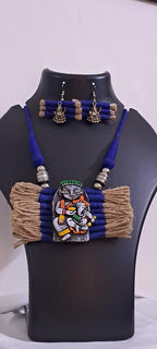 Terracotta Ganesha & Parvati pendant jute necklace set with matching earrings