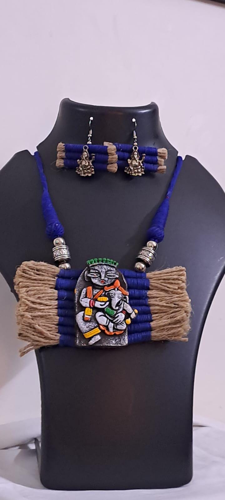Terracotta Ganesha & Parvati pendant jute necklace set with matching earrings