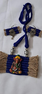 Terracotta Ganesha pendant jute necklace set with matching earrings