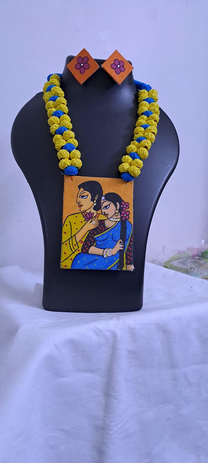 Handpainted fabric necklace set with earrings