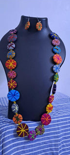 Exclusive multicoloured flat thread beads long necklace set with matching earrings (orange)