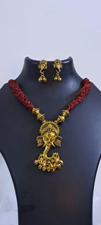 Red thread necklace with Golden oxidised traditional pendant