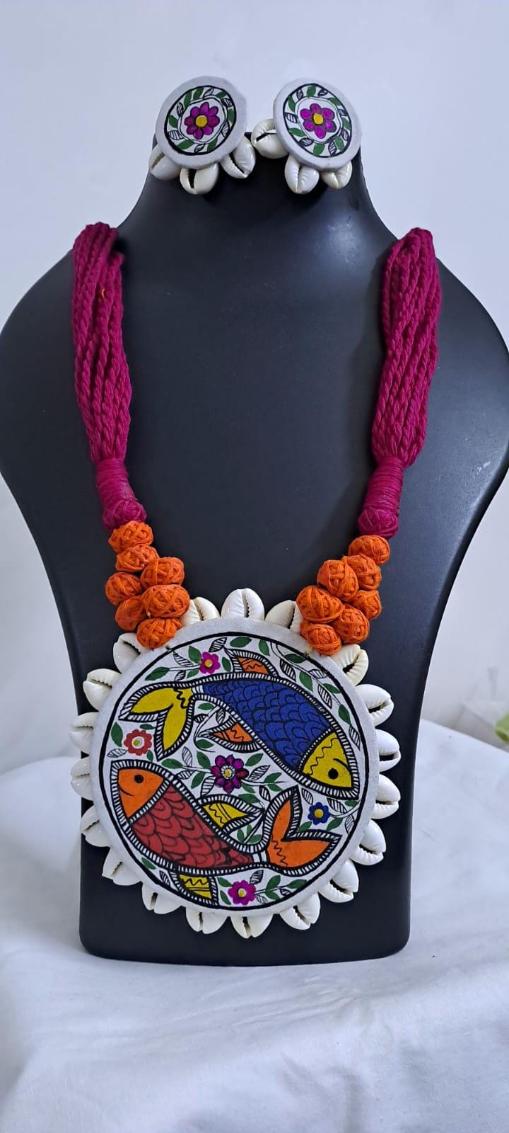Handpainted fabric jewellery set with matching earrings