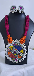 Handpainted fabric jewellery set with matching earrings