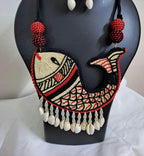 Handmade thread jewellery necklace set with fish pendant n shell  danglers and matching earrings