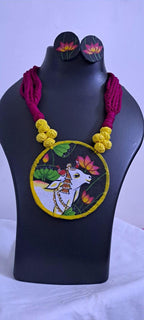 Handpainted fabric jewellery set with matching earrings