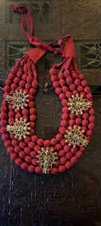 Multilayered fabric beads set with golden oxidised goddess Durga pendants - Red
