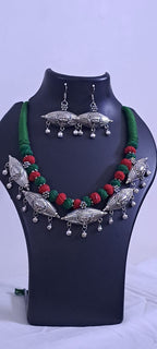 Exclusive Thread Necklace with Silver Oxidised Pendants and Matching Earrings