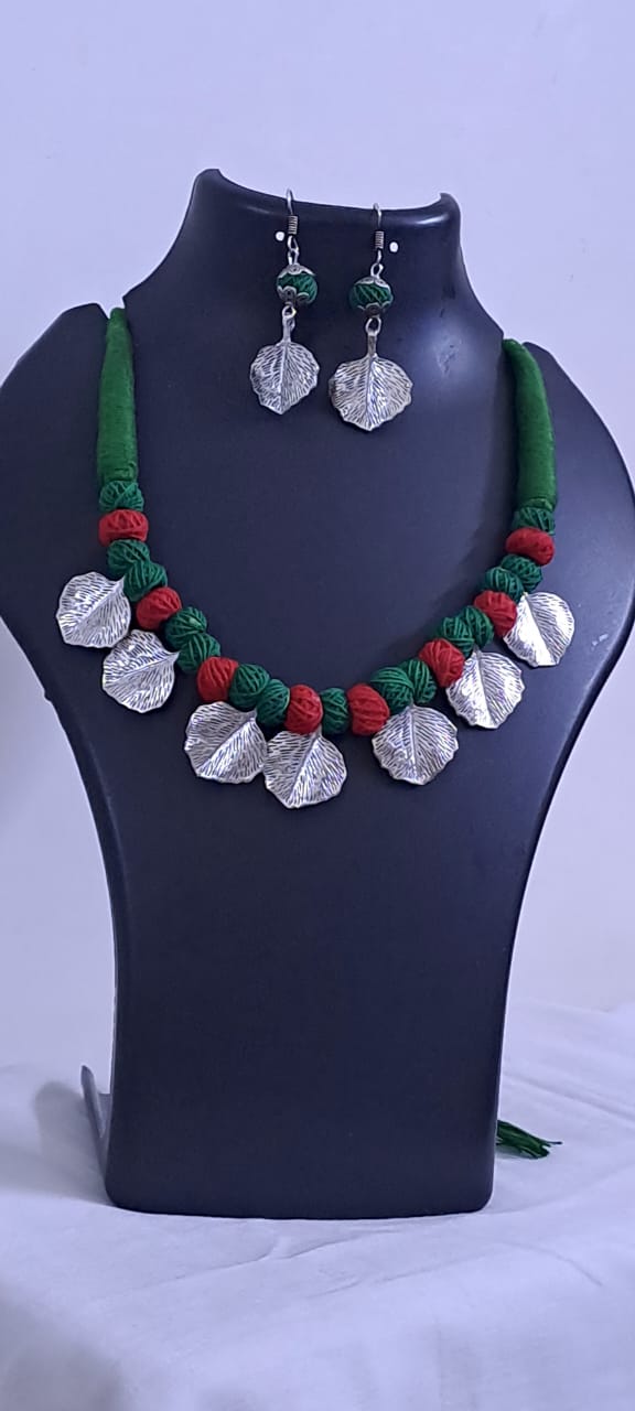 Exclusive Thread Necklace with Silver Oxidised Pendants and Matching Earrings