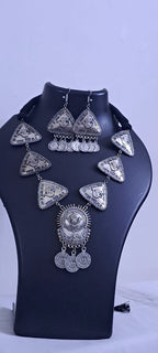 Silver Oxidised Long Necklace Set with Matching Earrings