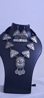 Silver Oxidised Long Necklace Set with Matching Earrings