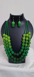 Exclusive 3 layered  green thread beads necklace set with matching earrings