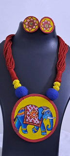 Handpainted fabric jewellery set with matching earrings