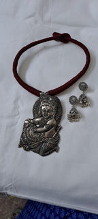 Maroon thread necklace with silver oxidised krishna pendant