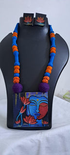 Handpainted fabric jewellery set with matching earrings