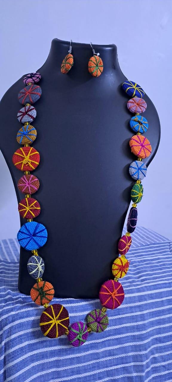 Exclusive multicoloured flat thread beads long necklace set with matching earrings (orange)