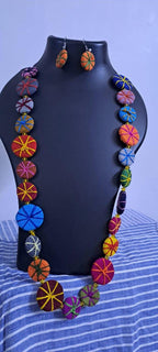 Exclusive multicoloured flat thread beads long necklace set with matching earrings (orange)