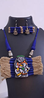 Terracotta Ganesha & Parvati pendant jute necklace set with matching earrings