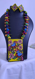 Handpainted fabric necklace set with earrings