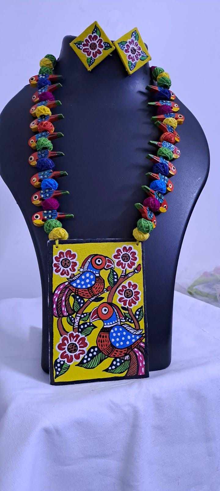 Handpainted fabric necklace set with earrings