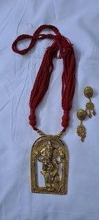 Maroon thread necklace with golden oxidised ganesha pendant