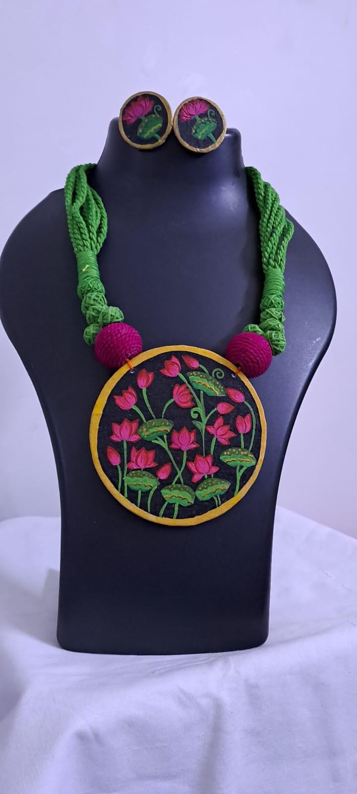 Handpainted fabric necklace set with earrings