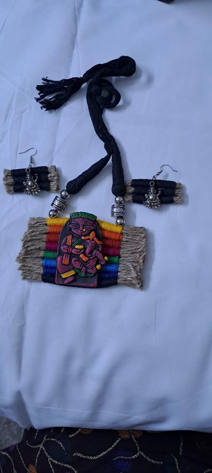Terracotta Ganesha & Parvati pendant jute necklace set with matching earrings