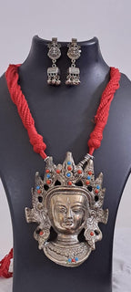 Maroon thread necklace with oxidised silver durga pendant